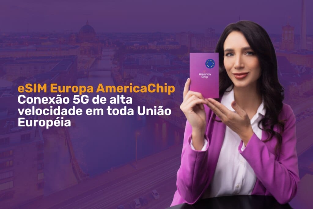 mulher apresenta eSIM Alemanha da AmericaChip com internet 5G e cobertura em toda Europa